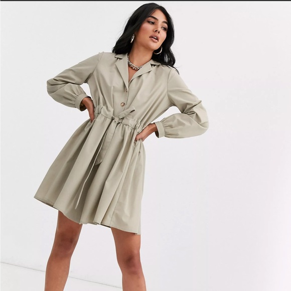 NEW button through mini cotton shirt dress with ruched waist - Picture 1 of 7